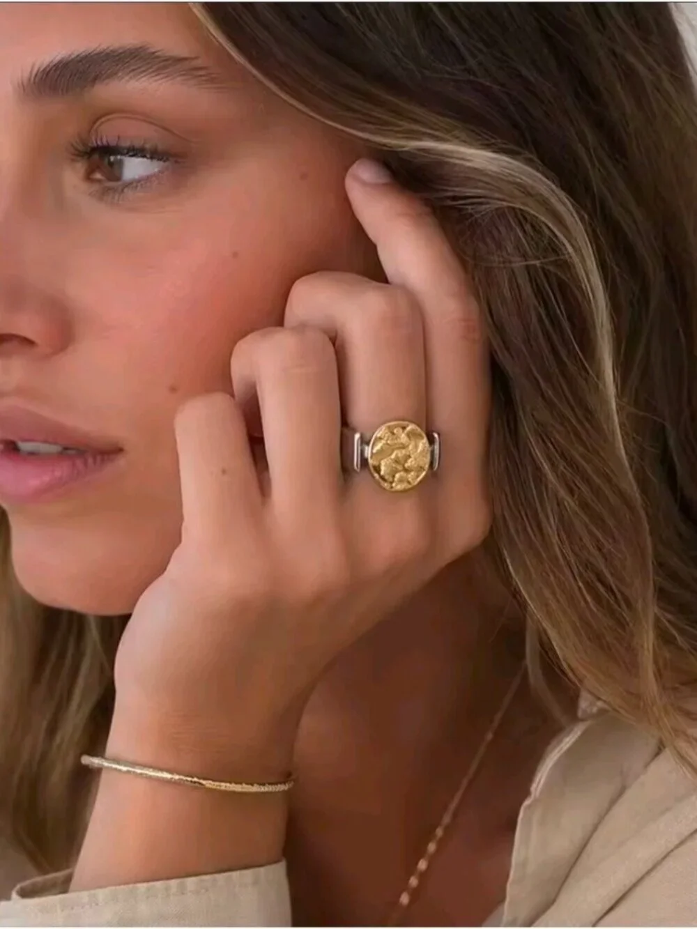 Two-Tone Textured Disc Ring — Gold and Silver